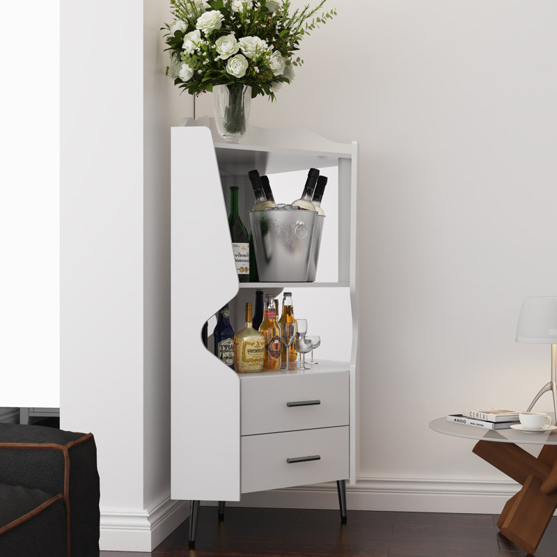 Bar d'angle avec dossier en miroir, 2 tablettes ouvertes et 2 tiroirs, buffet avec pieds hauts, Blanc