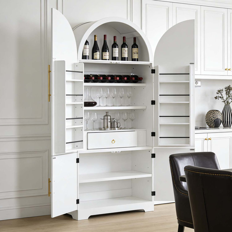 Grand garde-manger arqué avec design cannelé, tiroir caché et rangement polyvalent, Blanc
