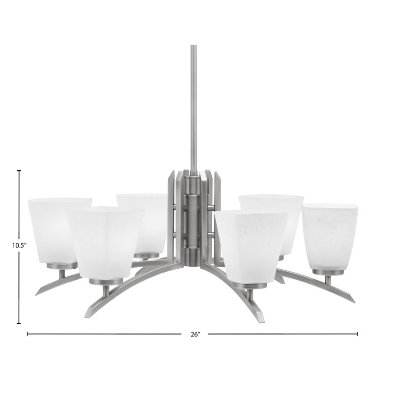 Lustre à 6 lumières kurve présenté avec une finition graphite et un verre carré blanc en mousseline de 4,5 po