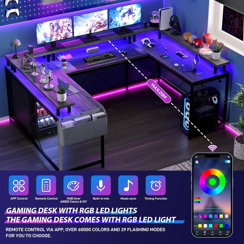 78.8" U Shaped Computer Desk With Power Outlets, USB Ports, LED Strip And Monitor Stand, Reversible L Shaped Desk With Storage Shelves