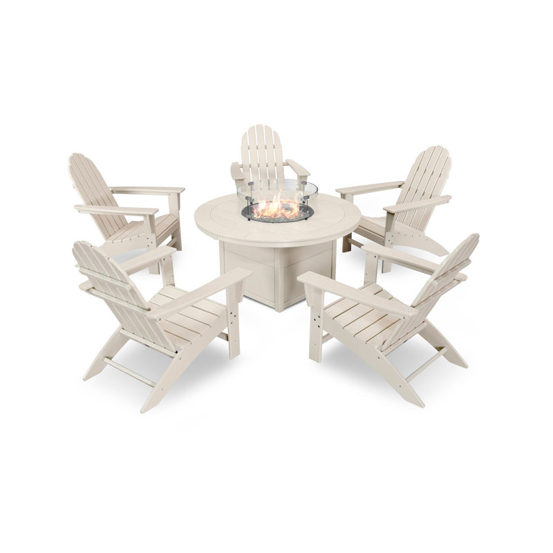 POLYWOOD Vineyard Adirondack 6-Piece Chat Set with Fire Pit Table, Sand