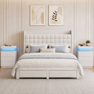 Lit classique avec 2 tables de chevet, ensemble de chambre à coucher tapissier plateforme avec station de charge à DEL, ensemble de chambre à coucher moderne 3 pièces avec tiroirs de rangement pour la maison