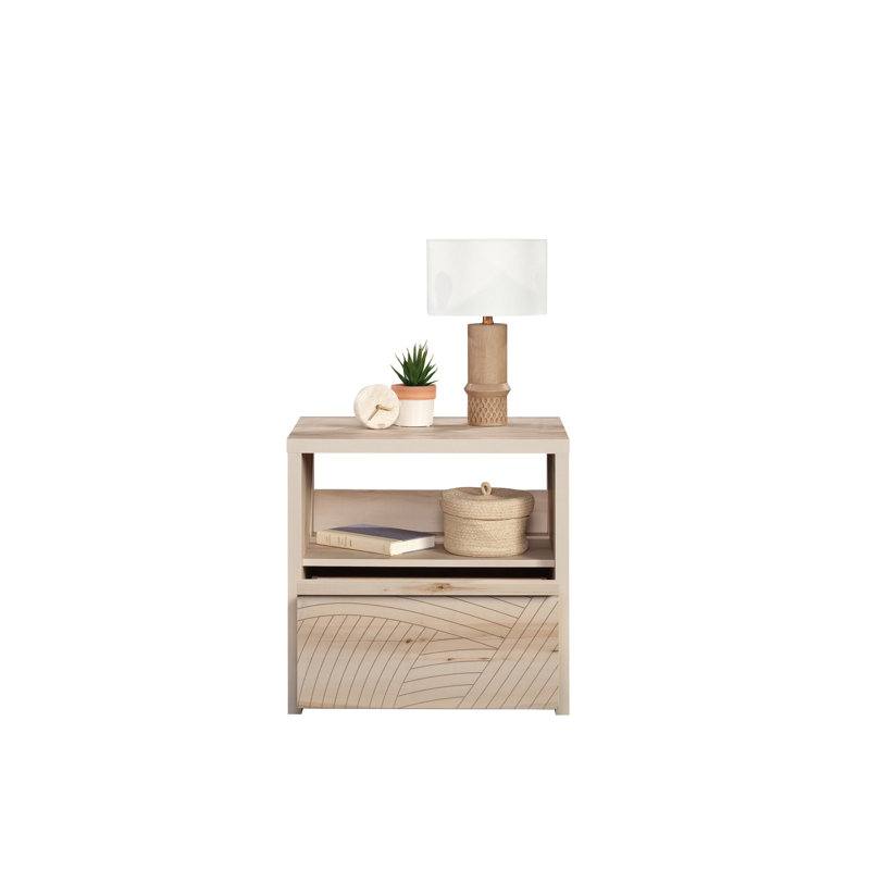 Table de chevet brune de style Mid-Century moderne, un tiroir, une tablette, un assemblage rapide pour la chambre à coucher, un motif de vagues, des glissières de tiroir lisses, une installation facile