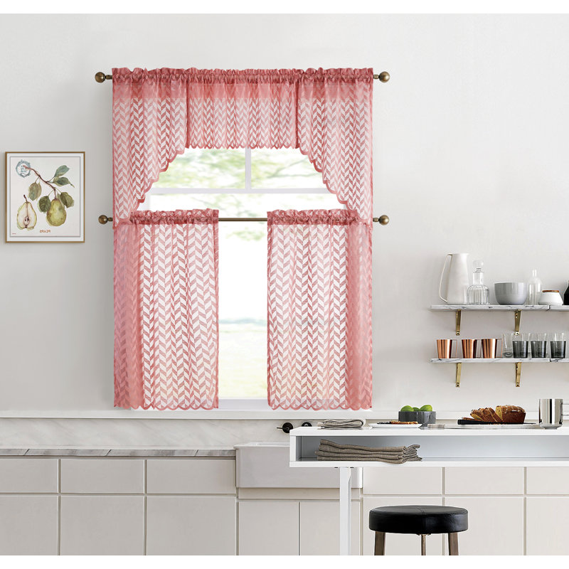 Rideau de cuisine semi-transparent en voile cafe chevrons Snowhill, Rosé