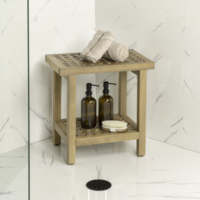 Armin 18" Modern Light Teak Acacia Wood Shower Stool with Storage Shelf, Heavy Duty Slatted Bath Spa Bench for Bathroom, Shower & Entryway