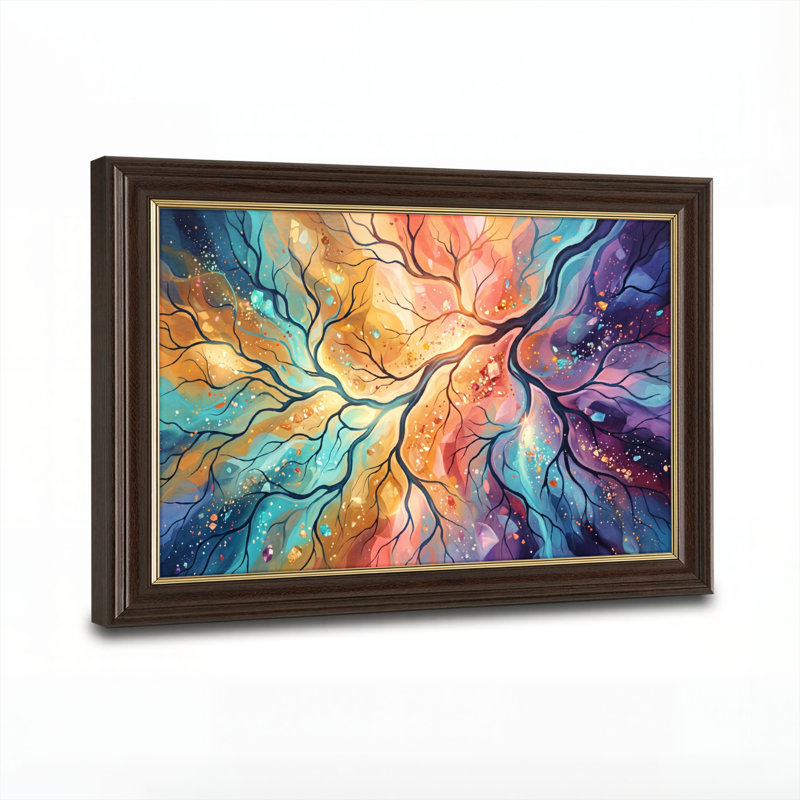 Art mural antique sur toile encadré doré pour le salon, la chambre à coucher, le bureau ou le vestibule - décoration murale décorative avec arbre coloré