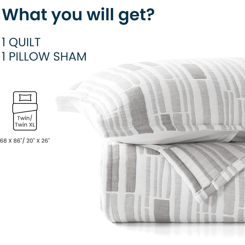 Sleep Zone Twin/Twin XL Size Quilt Jacquard Cotton Quilt Soft and Lightweight Comforter Set 2 Pieces Geometric Bedspread Coverlet Set for All Season 68 x 86 Grey Stripe