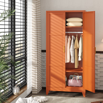 Metal Wardrobe Cabinet with Wooden Handle, 34" Wide Metal Wardrobe Closet with Hanging Rods and Adjustable Shelves(Brown)