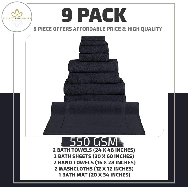 Ensemble de serviettes de bain 9 pièces avec tapis de bain Blatec, Noir