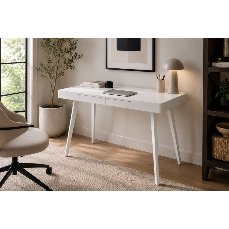 Pangea Home Hal Desk in White Lacquer – Modern Glossy Writing Desk for Home Office, Study, or Workspace - White Desk, White
