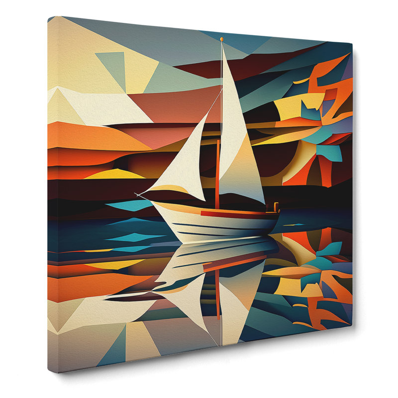 Boat On A Lake Cubism - Wrapped Canvas - Framed Print, 50cm H x 50cm W x 3cm D