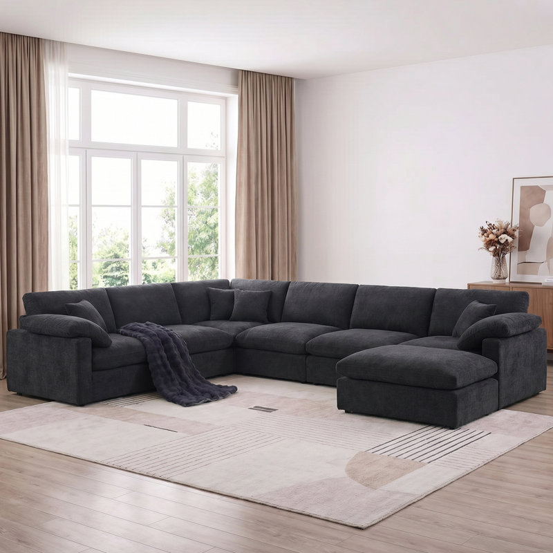 Canapé modulaire en coin surdimensionné 144 pièces 144 po Chenille, Chenille noir
