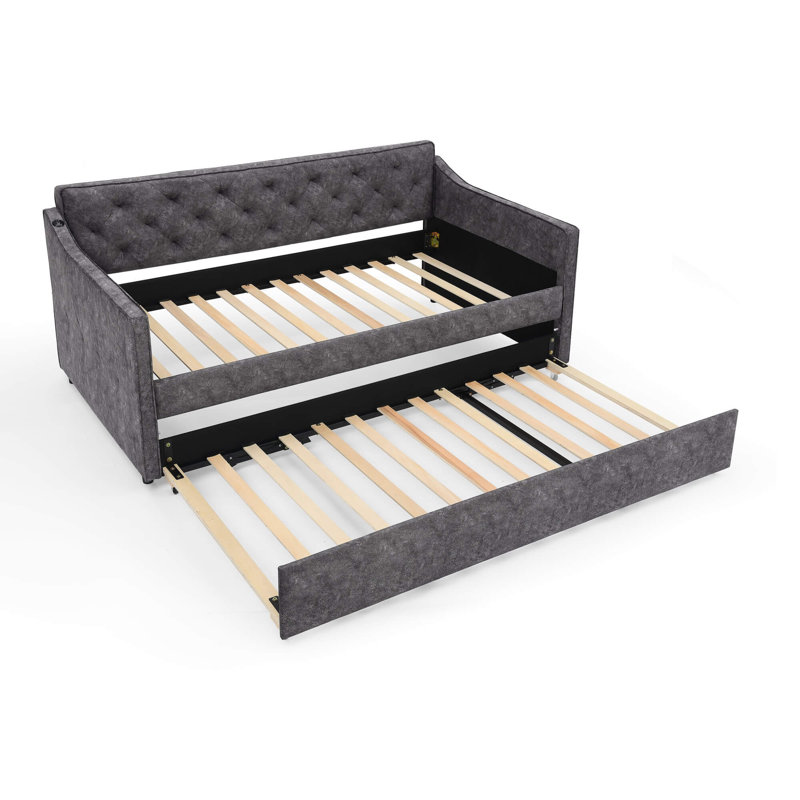 Lit de jour rembourré gris avec couchette escamotable et chargement USB