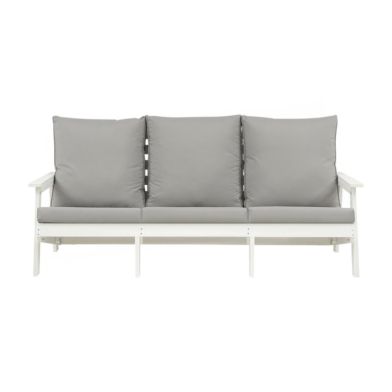 Canapé de jardin 3 places avec coussin, canapé d'extérieur grain de bois, blanc / gris