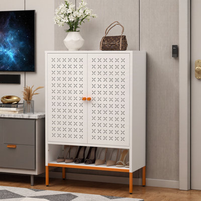 Meuble à chaussures Velora 46 po en métal moderne avec portes papillon, rangement d'entrée autoportant avec pattes surélevées de 15 po, étagères magnétiques réglables, revêtement en poudre, compatible avec les aspirateurs robots