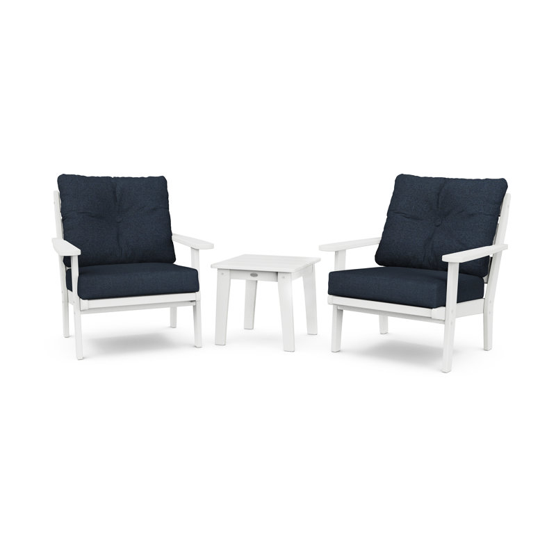 Ensemble de chaises à assise profonde 3 pièces Lakeside, Blanc, Indigo marin