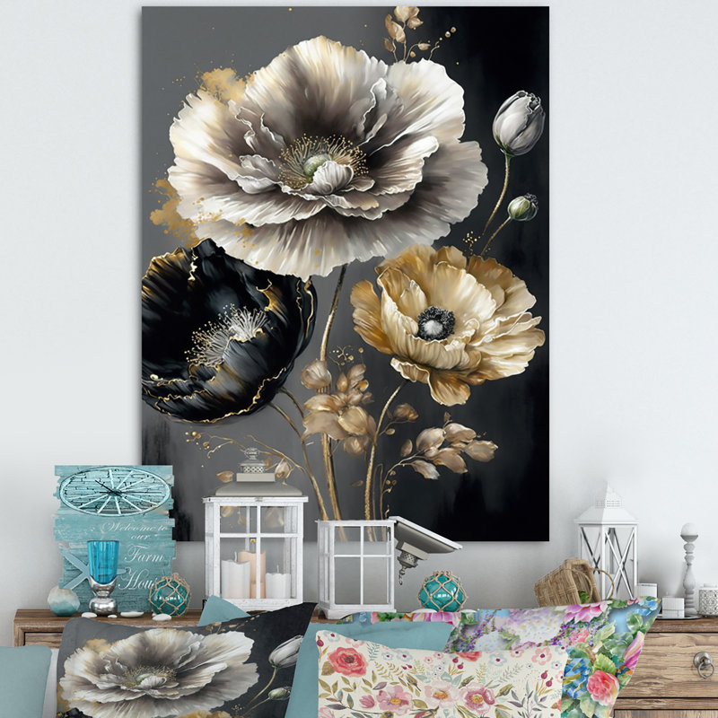 Art floral sur toile gris doré I, H 32 po x l 24 po x P 1 po, Toile tendue