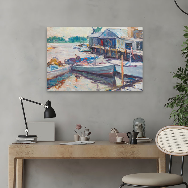 Poissons, art côtier, bateaux, paysages, H 16 po x l 24 po