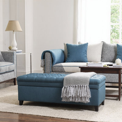 Fabric Storage Ottoman in Light Blue with Birch Legs, 50" Seating & Hidden Storage