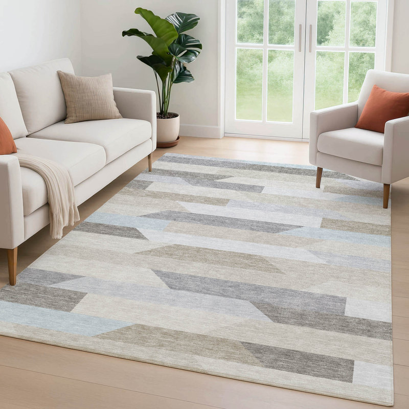 Tapis rayé Chantille ACN3113 lavable à la machine pour intérieur/extérieur, Lin, 5 pi x 7 pi 6 po