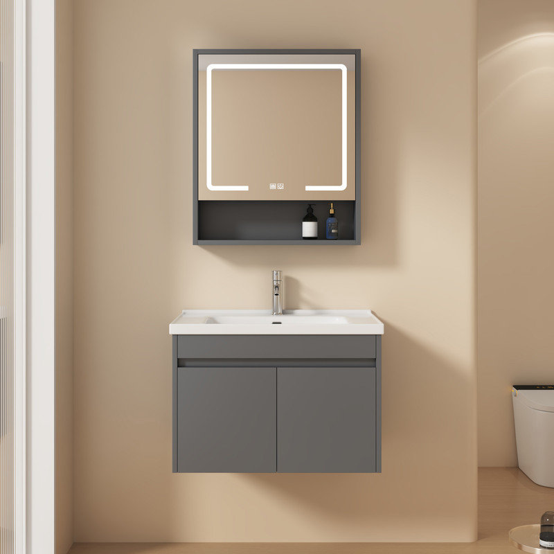 28 Inch Modern Floating Bathroom Vanity with LED Mirror Cabinet &Ceramic Sink Set,Wall Mounted Vanities with LED Medicine Cabinet&Lights&Mirror,Defog,Dimmer,(No Faucet)
