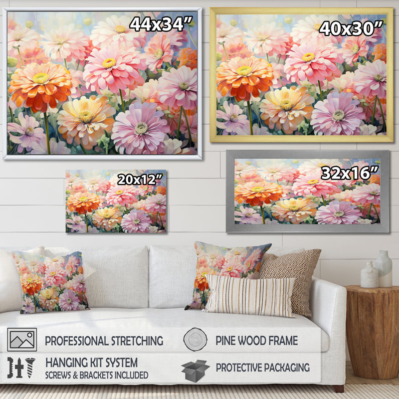«Light Light Zinnias Romantic Impression II», reproduction sur toile, Cadre photo noir, H 34 po x l 44 po x P 1,5 po
