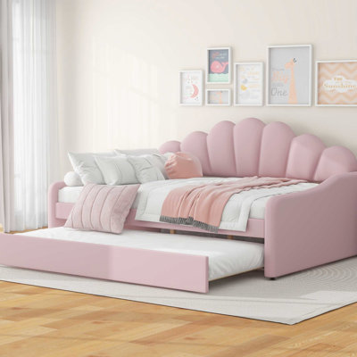 Upholstered Daybed With Trundle In Pink - Strong And Stable Bed, Comfortable Upholstery Portable Classy