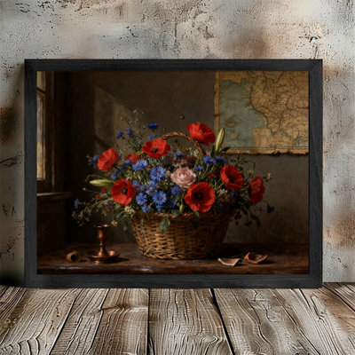 Black Framed Poppy Floral Basket Still Life, Moody Vintage Oil Painting Framed Prints