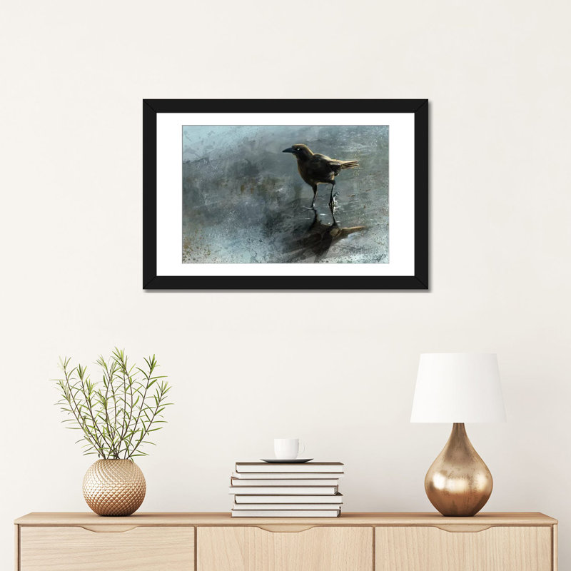 «Bird in a Puddle», impression sur toile, Papier d'art encadré noir, Blanc, H 24 po x l 32 po x P 1 po