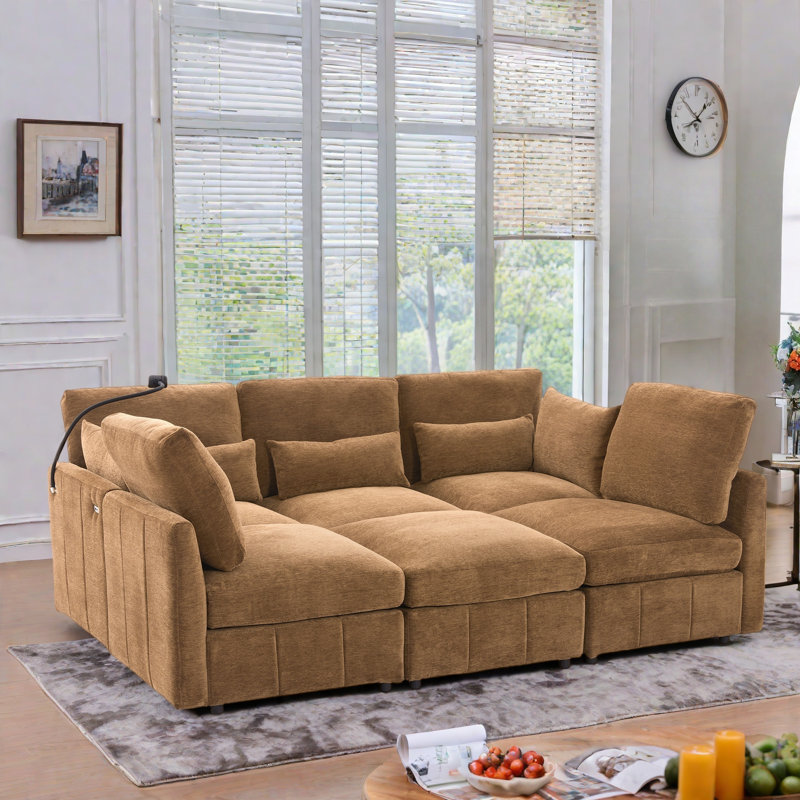 Canapé modulaire moderne avec repose-pieds mobile, 2 ports USB et support pour téléphone, Chenille brun