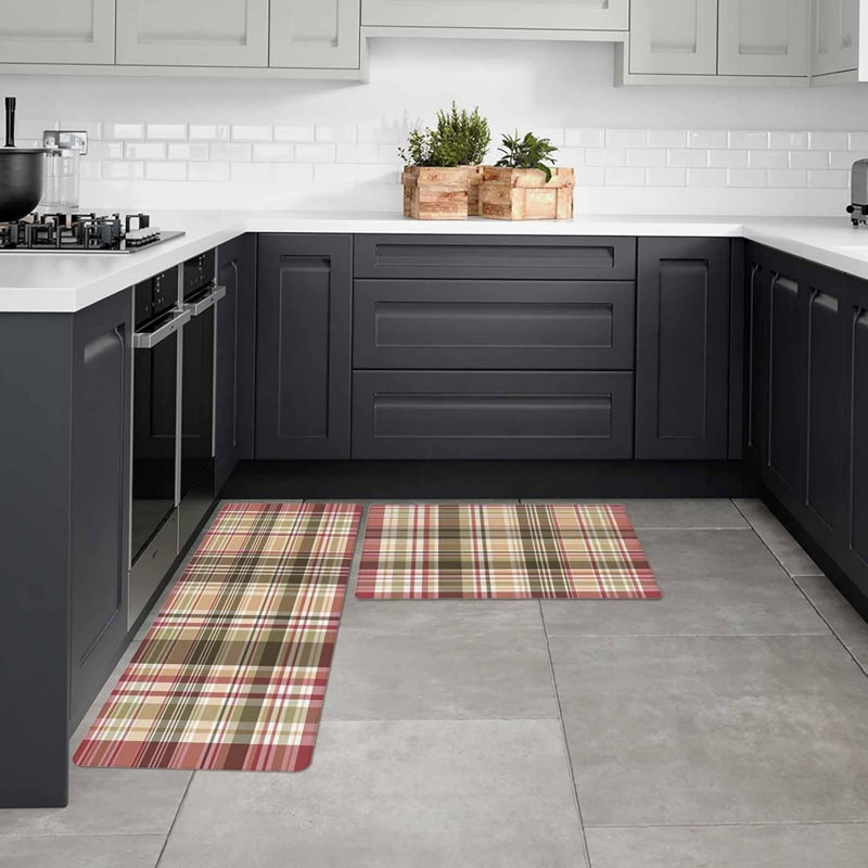 Ensemble de 2 tapis de cuisine écossais, style maison de campagne rétro pour la cuisine et la chambre à coucher, brun rouge vert