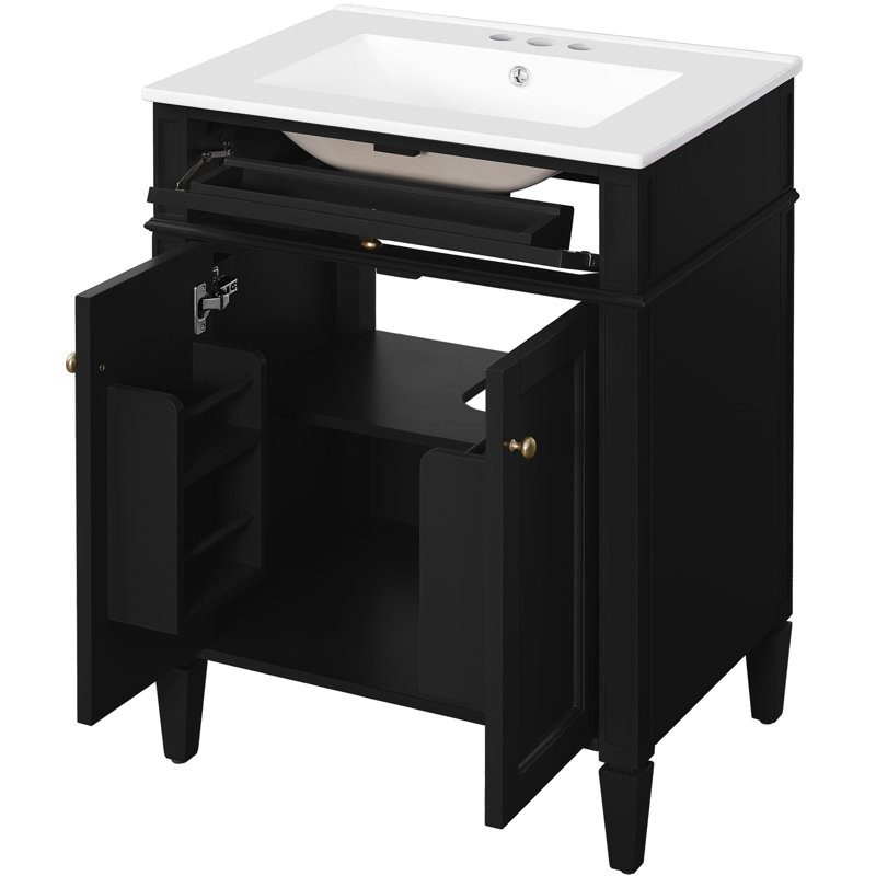 Meuble-lavabo 24 po avec 2 portes, tiroir basculant et lavabo modernisé, pieds, organisateurs de rangement intelligents, esthétique intemporelle, conception des pieds, rangement