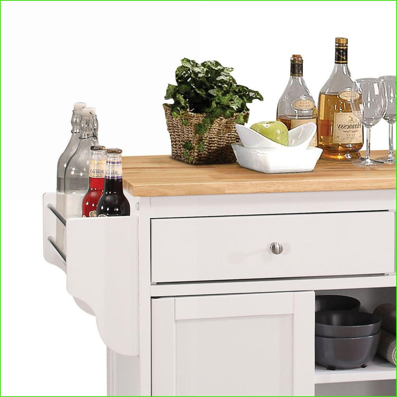 Chariot de cuisine avec 2 portes, 2 tiroirs et amp; 3 compartiments - plateau en bois naturel Blanc | Naturel + blanc | Moyen (40 à 55 po)