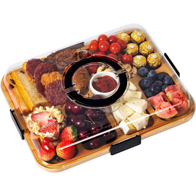 Planche de charcuterie en bambou avec couvercle verrouillable transparent, 6 compartiments et poignée intégrée pour le voyage de pique-nique