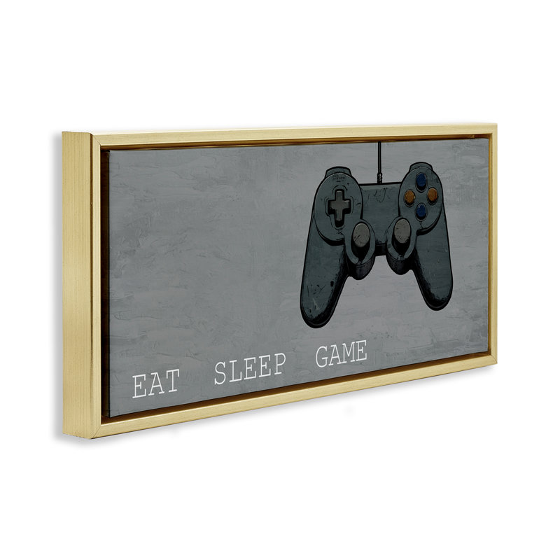 Cadre flottant Eat Sleep Game Hobby, design par Kim Allen, H 14 po x l 31 po, Cadre flottant métallique doré