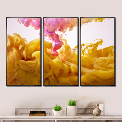 «Yellow and Pink Dancing Ink Clouds», ensemble d'art mural sur toile moderne encadré de 3