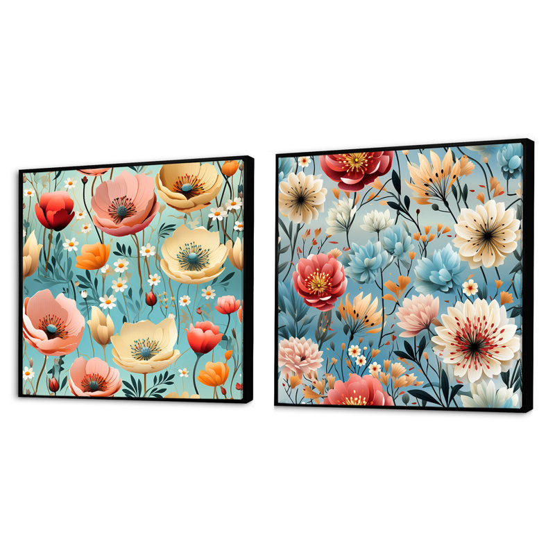 Wallner - Ensemble de 2 collages carrés floraux, Cadre flottant noir, H 16 po x l 33 po