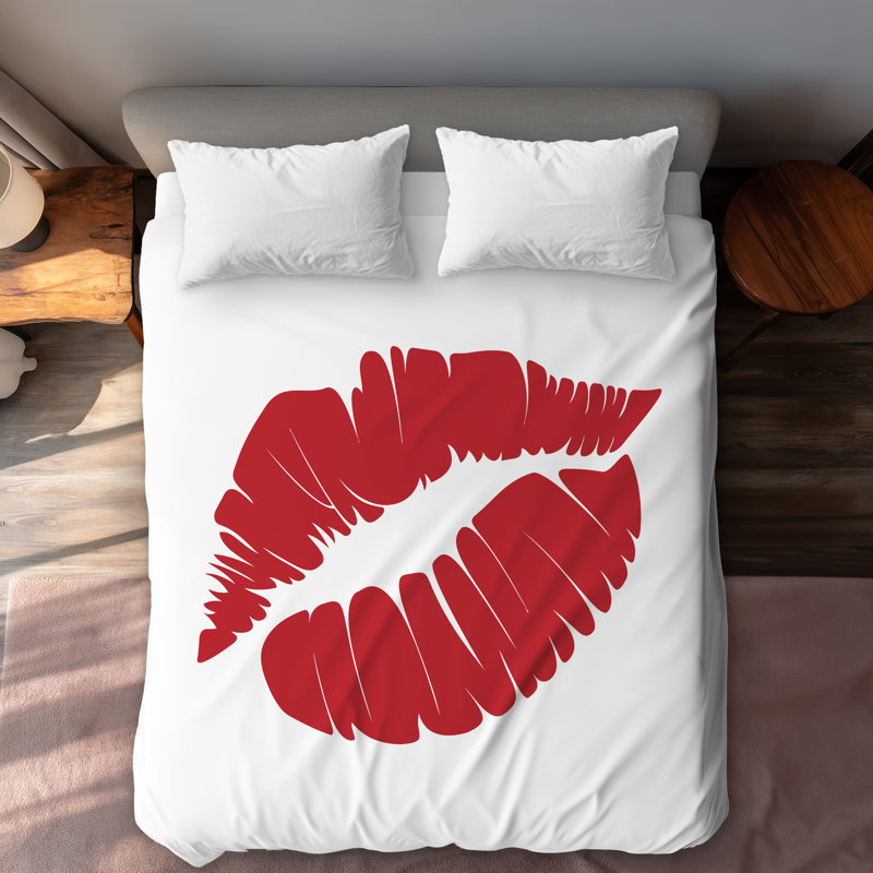 Red Lipstick Mark Queen Duvet Cover - White Back Home Decor