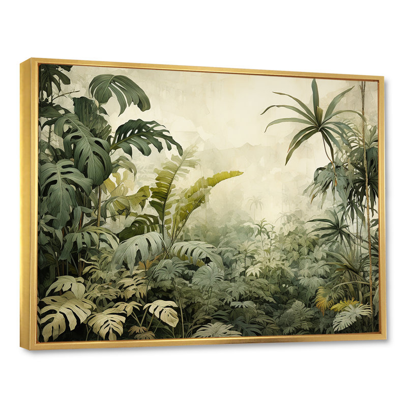 Paysage de jungle rétro - art mural jungle, Cadre flottant doré, H 34 po x l 44 po x P 1,5 po
