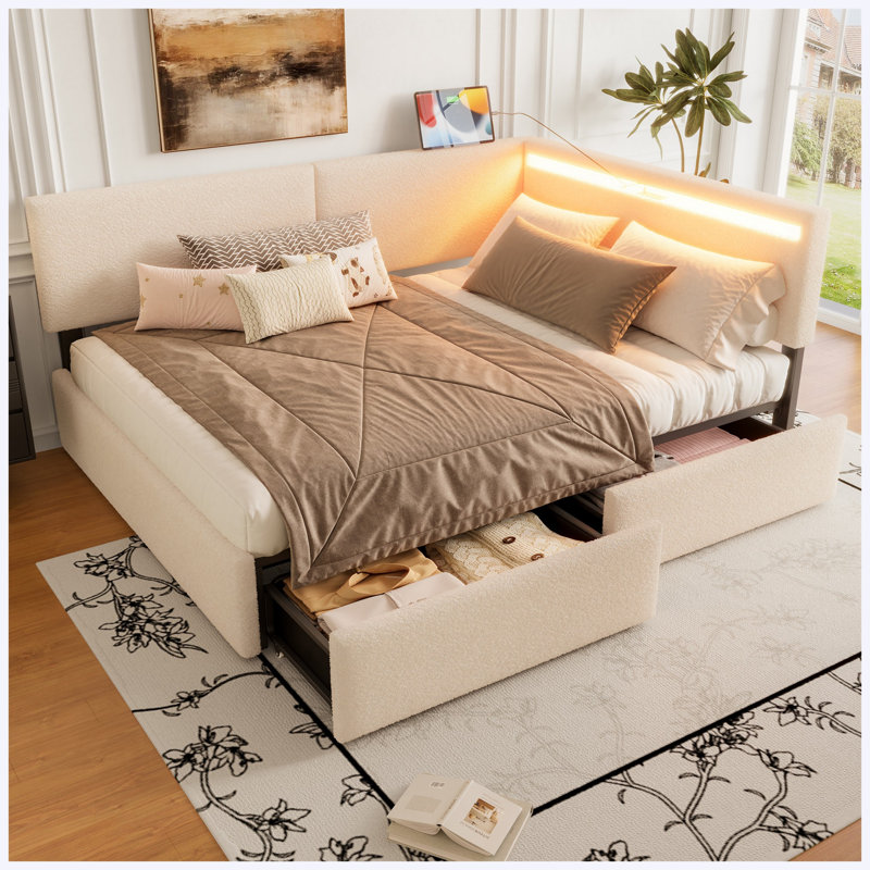 Structure de lit double tapissier avec tête de lit double, 2 tiroirs de rangement, lumière DEL et chargement USB, beige