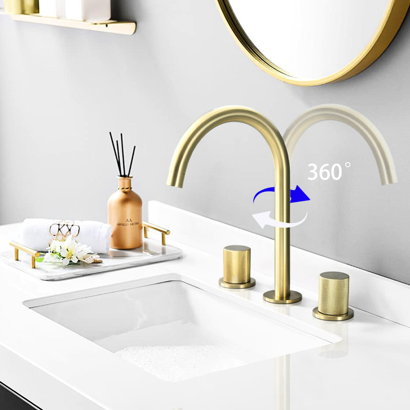 Brushed Golden Bathroom Faucet - 8 Inch Widespread, Two Knob Handles, 360 Swivel Spout, Rust & Corrosion In Widespread Style With Foaming Device For Reduced Water Consumption