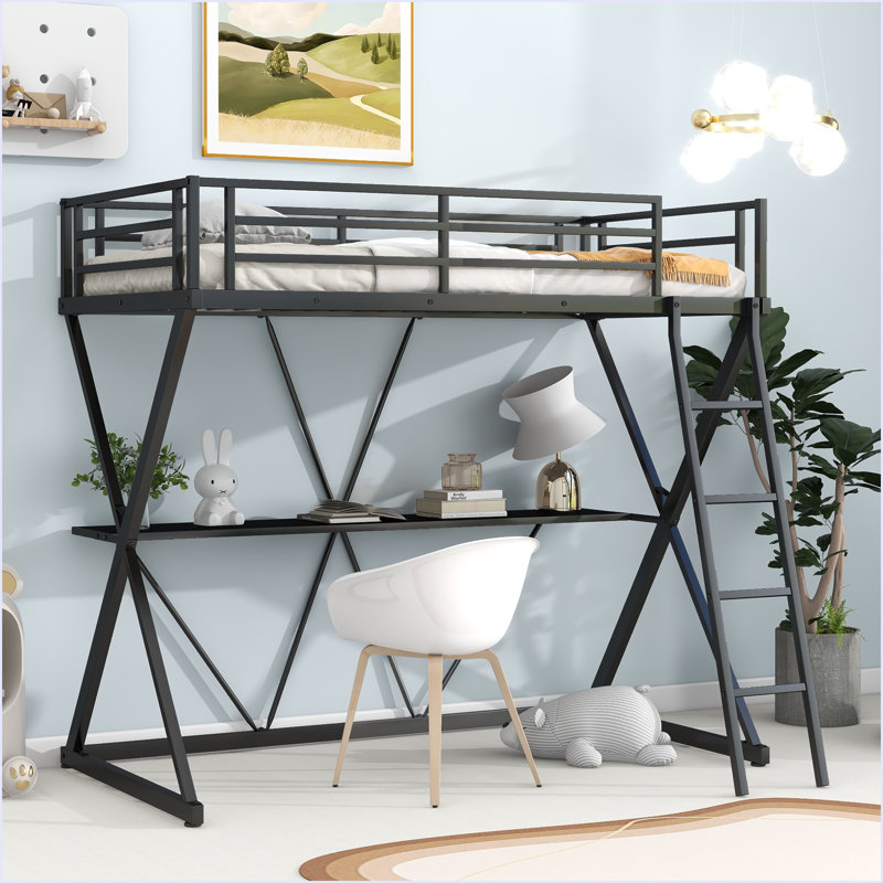 Lit mezzanine simple avec bureau, échelle et garde-corps pleine longueur, structure en forme de X