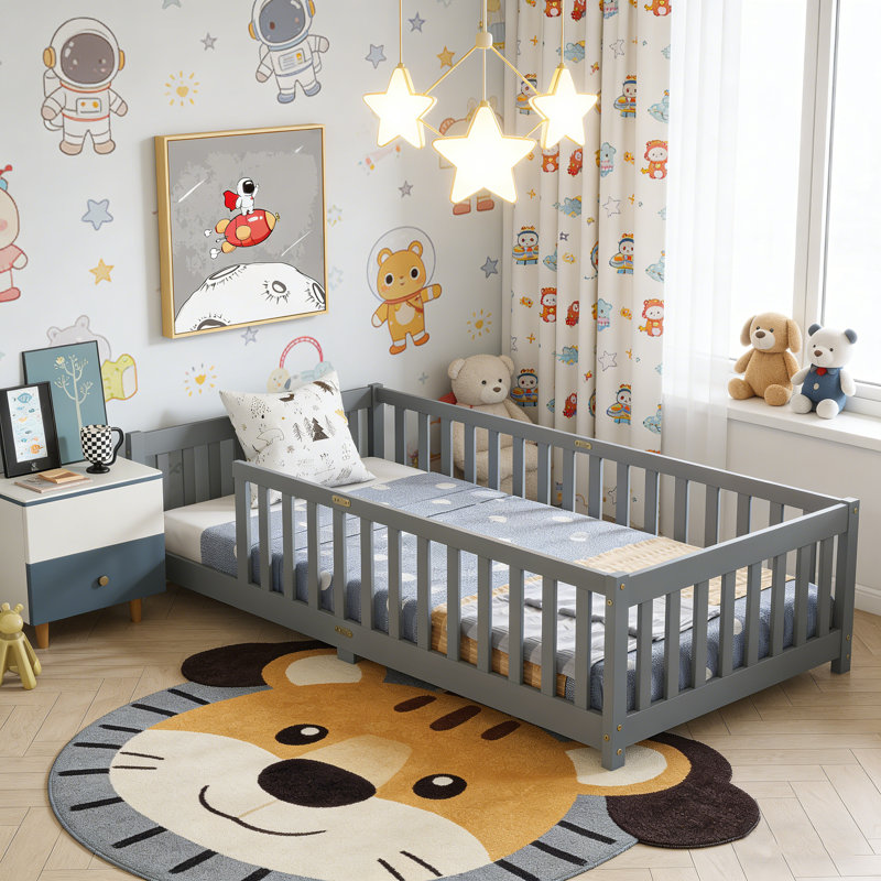 Lit simple en bois massif pour lit de transition pour tout-petit avec clôture sans porte, Gris