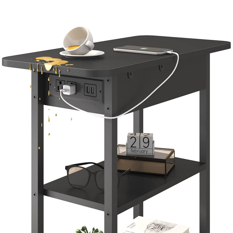 End Table With Charging Station, Flip Top Side Table With Usb Ports And Outlets, Nightstand For Small Spaces, Bedside Tables With Storage Shelf For Living Room, Bedroom, Black