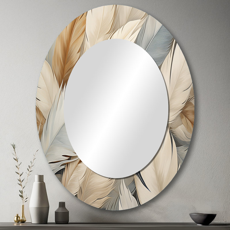 Feathery Plumes II - Large Oval Wall Mirror On Metal, 43" x 33"