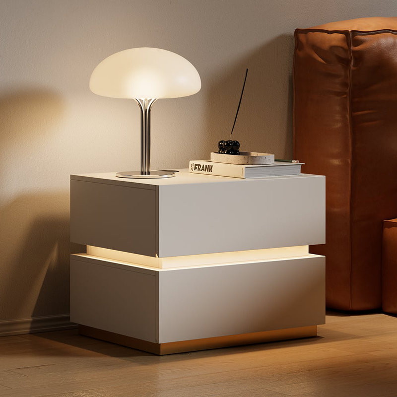 Davaun Modern Smart 2-Drawer LED Bedside Table With Wireless Charging Station, White