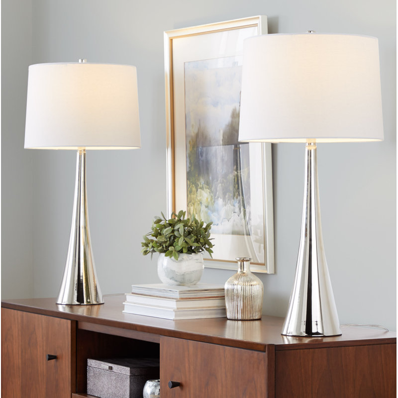 Calesha Metal Table Lamp, Polished Nickel, White Faux Leather