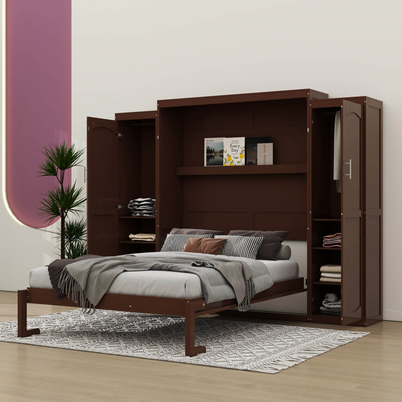 Lit escamotable peu encombrant avec garde-robes doubles et tablette de rangement pratique, Noyer, Lit double