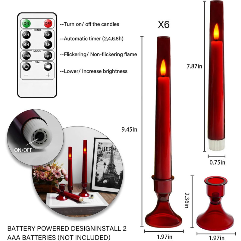 Flameless Taper Candles With Remote,6 PC Acrylic Battery Operated Candles With Candlesticks,Flickering Led Window Candles For Home Table And Wedding Decor(Red)