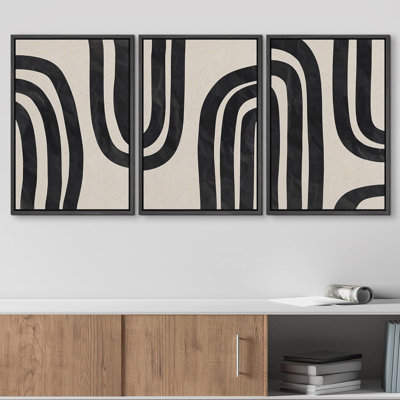 Motif géométrique en forme de ligne géométrique en spirale noire et brun clair à motif abstrait Mid-Century moderne 3 pièces